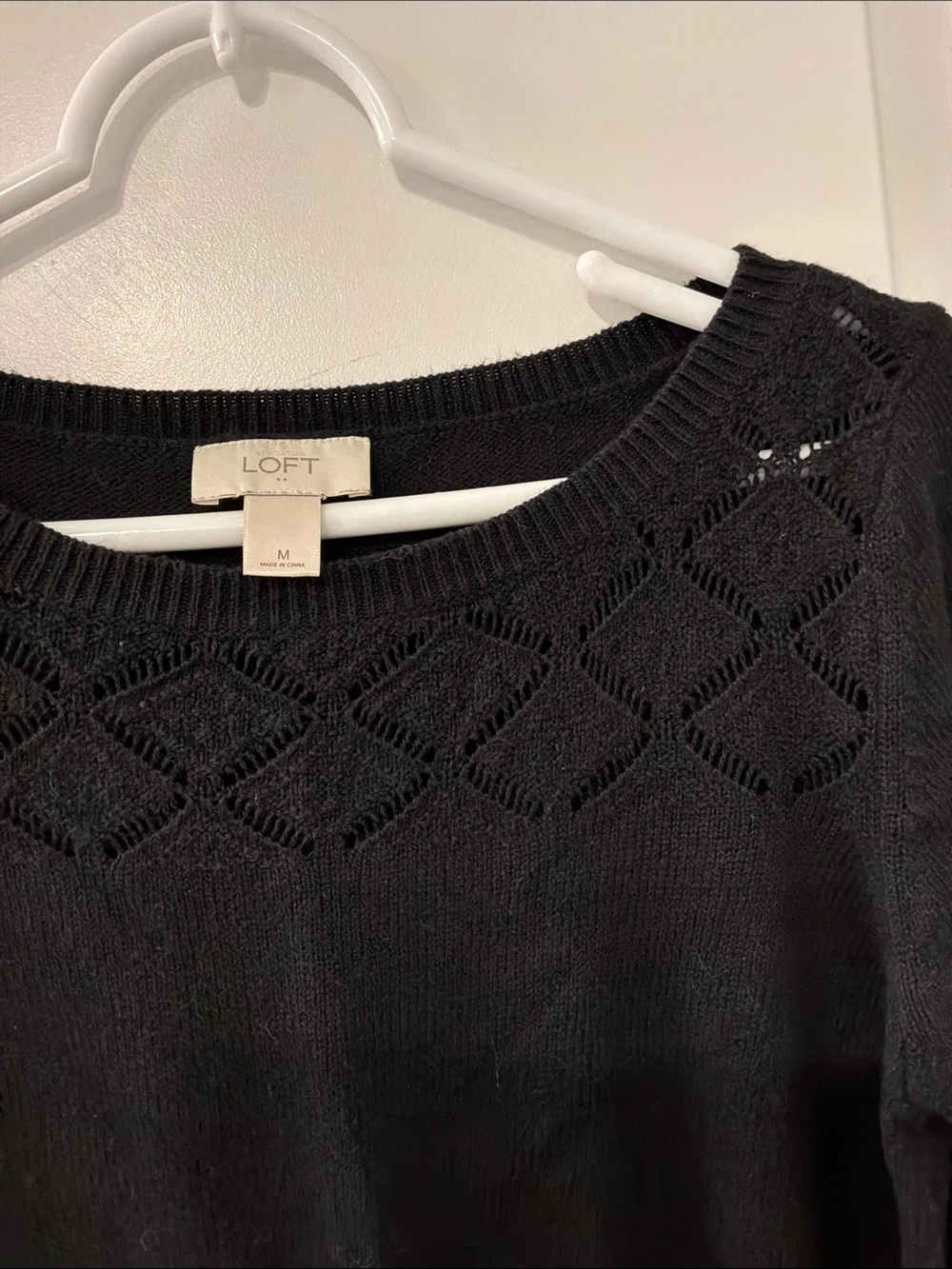 LOFT Black Scoop Neck Sweater with Diamond Knit Yoke